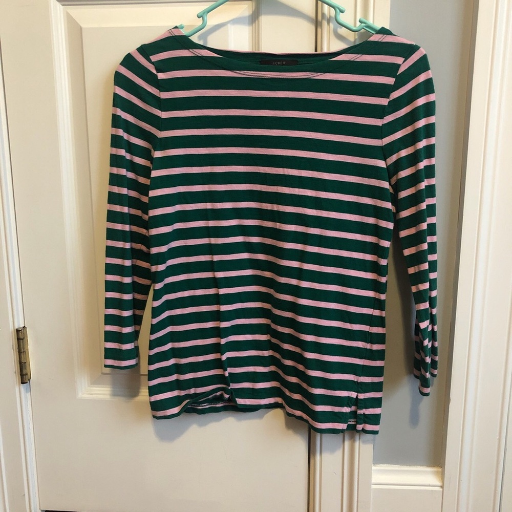 green and pink striped j crew tee